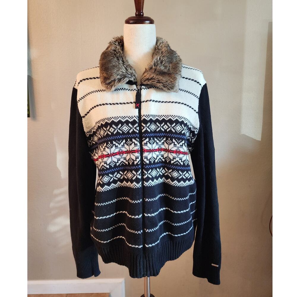 Tommy Hilfiger Women's Fair Isle Full Zip Fur Collar Sweater Cardigan SZ XL